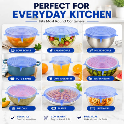 6-Pack Silicone Stretch Lids (2.6In, 3.7In, 4.3In, 5.5In, 6.3In, 7.7In) - Bpa-Free Food-Grade Reusable Covers for Bowls, Pots, Cups