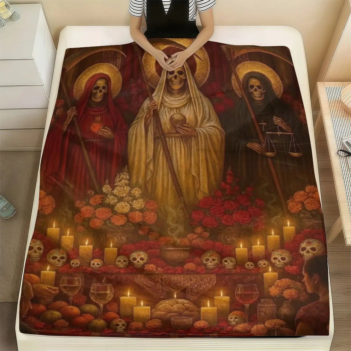 Santa Muerte Flannel Blanket Super Soft Warm Cozy Acceptance of Fate Theme Throw for Couch Bed Living Room Travel Home Decor Unique Birthday Christmas Gift