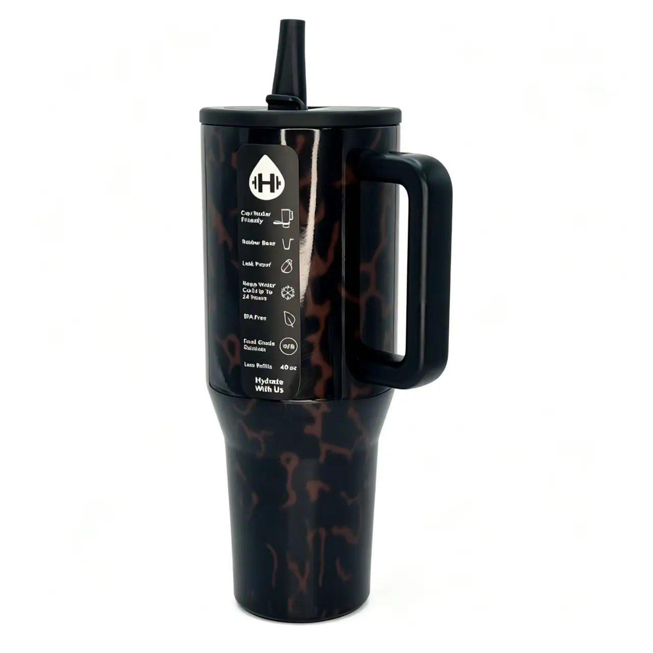 Hydrojug 40Oz (1000-2000Ml) Insulated Stainless Steel Flask Tumbler - Dark Brown Tortoise Shell Print, Portable Bpa-Free Leakproof Mug, Handle, Straw Lid, Vehicle Holders, 24H Cold Hold for Gym, Driving, Flasks, Bottled