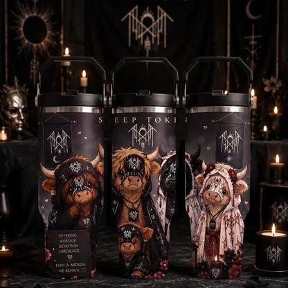 Sleep Token Highland Cow 40Oz 30Oz 20Oz Tumbler with Handle, Gothic Dark Floral Insulated Travel Cup with Straw, Gift for Fans