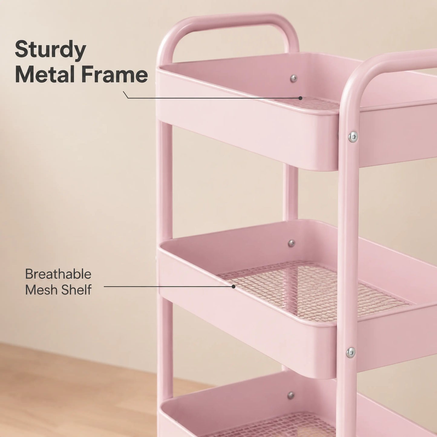 Rolling Utility Cart with Wheels & Side Hooks - 3 Tier Metal Storage Organizer for Small Spaces, Dorm Room, Bathroom & Kitchen, Mobile Trolley for Beauty Products, Towels & Snacks