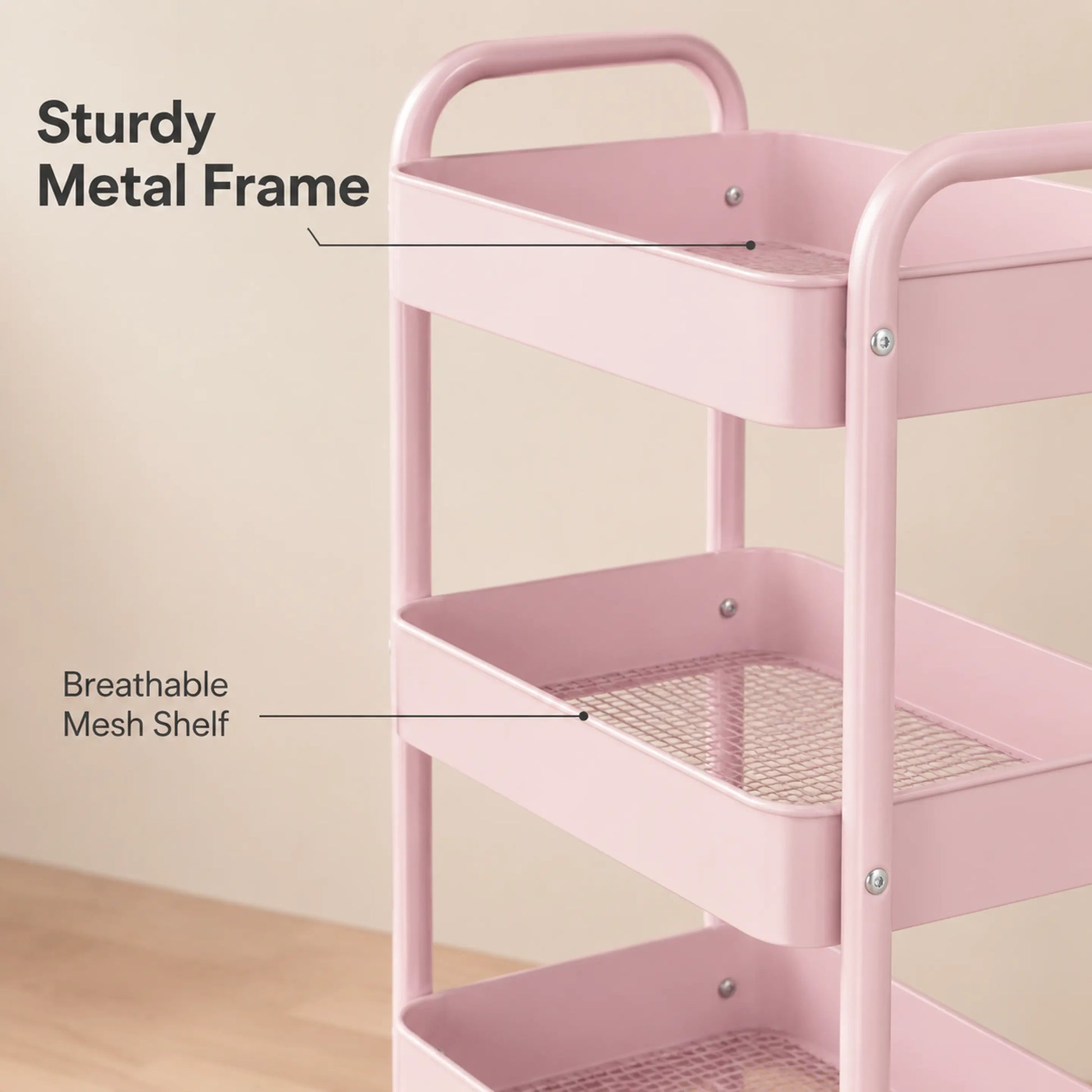 Rolling Utility Cart with Wheels & Side Hooks - 3 Tier Metal Storage Organizer for Small Spaces, Dorm Room, Bathroom & Kitchen, Mobile Trolley for Beauty Products, Towels & Snacks