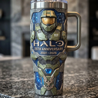 HAL0 25Th Anniversary Black Handle Tumbler 40Oz, Legends Never Die, HALO Merch Unique Cup