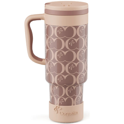 Coquella 40 Oz Insulated Tumbler with Handle and Push-Button Straw Lid, Stainless Steel Travel Cup for Gym Office, Leakproof, Bpa-Free, Cup Holder Friendly, Bow Silicone Boot, Pink (Rose Quartz)