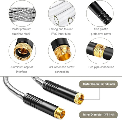 IRONFIX Smart Stainless Steel Garden Hose (50Ft/100Ft) - Heavy Duty Water Hose, 10-Functional Nozzles, Anti-Kink, Lightweight, Flexible, Leakproof Gaskets, Coiled, Stable Flow, Easy Storage & Use, All-Seasons Outdoor Lawn Watering Accessory