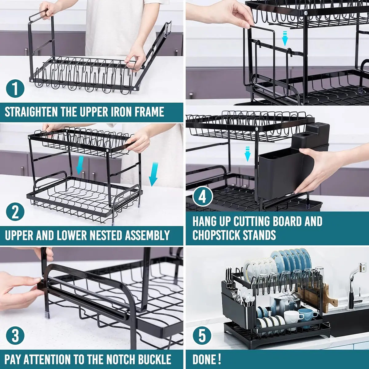 Dish Drying Rack, 2 Tier Large Dish Drying Rack for Kitchen Counter with Drainboard, Carbon Steel Dish Drainer with Anti-Rust Coating for Dish/Knifes/Cup/Cutting Board, Black
