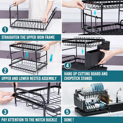 Dish Drying Rack, 2 Tier Large Dish Drying Rack for Kitchen Counter with Drainboard, Carbon Steel Dish Drainer with Anti-Rust Coating for Dish/Knifes/Cup/Cutting Board, Black