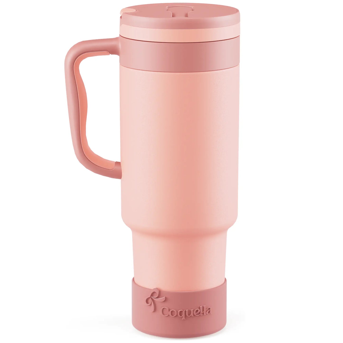 Coquella 40 Oz Insulated Tumbler with Handle and Push-Button Straw Lid, Stainless Steel Travel Cup for Gym Office, Leakproof, Bpa-Free, Cup Holder Friendly, Bow Silicone Boot, Pink (Rose Quartz)