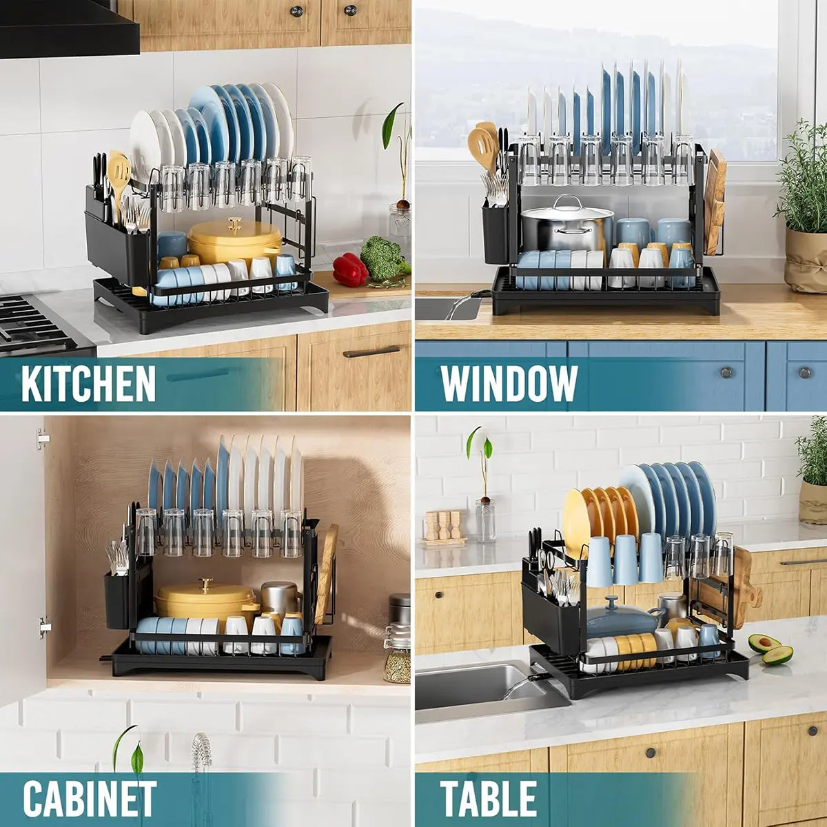 Dish Drying Rack, 2 Tier Large Dish Drying Rack for Kitchen Counter with Drainboard, Carbon Steel Dish Drainer with Anti-Rust Coating for Dish/Knifes/Cup/Cutting Board, Black