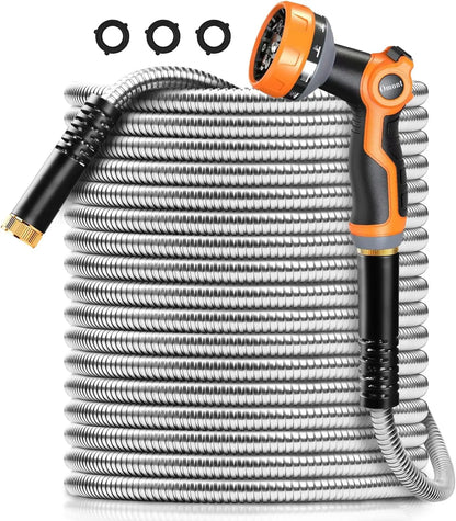 IRONFIX Smart Stainless Steel Garden Hose (50Ft/100Ft) - Heavy Duty Water Hose, 10-Functional Nozzles, Anti-Kink, Lightweight, Flexible, Leakproof Gaskets, Coiled, Stable Flow, Easy Storage & Use, All-Seasons Outdoor Lawn Watering Accessory