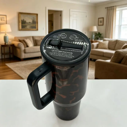 Hydrojug 40Oz (1000-2000Ml) Insulated Stainless Steel Flask Tumbler - Dark Brown Tortoise Shell Print, Portable Bpa-Free Leakproof Mug, Handle, Straw Lid, Vehicle Holders, 24H Cold Hold for Gym, Driving, Flasks, Bottled