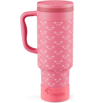 Coquella 40 Oz Insulated Tumbler with Handle and Push-Button Straw Lid, Stainless Steel Travel Cup for Gym Office, Leakproof, Bpa-Free, Cup Holder Friendly, Bow Silicone Boot, Pink (Rose Quartz)