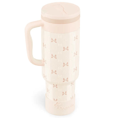 Coquella 40 Oz Insulated Tumbler with Handle and Push-Button Straw Lid, Stainless Steel Travel Cup for Gym Office, Leakproof, Bpa-Free, Cup Holder Friendly, Bow Silicone Boot, Pink (Rose Quartz)