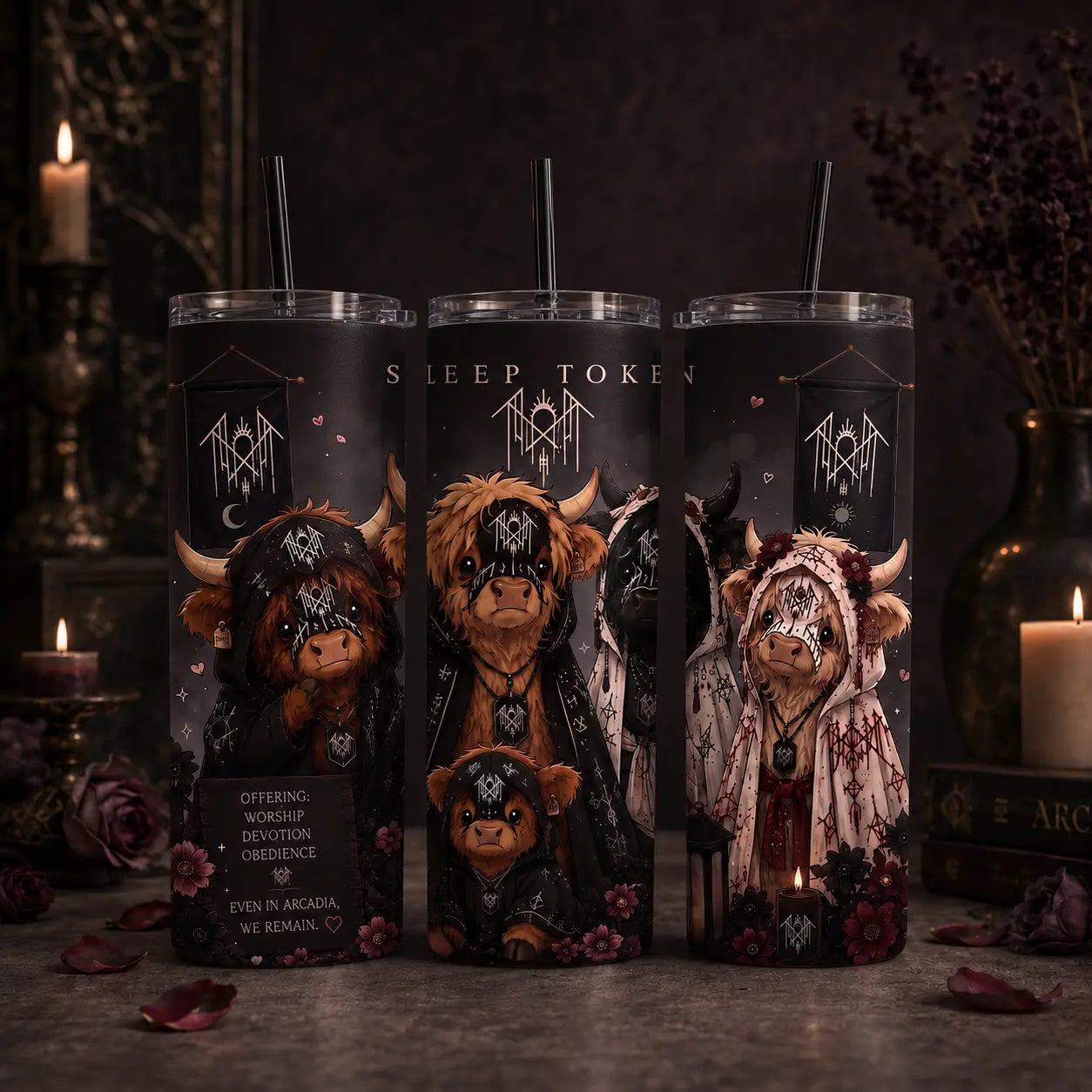 Sleep Token Highland Cow 40Oz 30Oz 20Oz Tumbler with Handle, Gothic Dark Floral Insulated Travel Cup with Straw, Gift for Fans