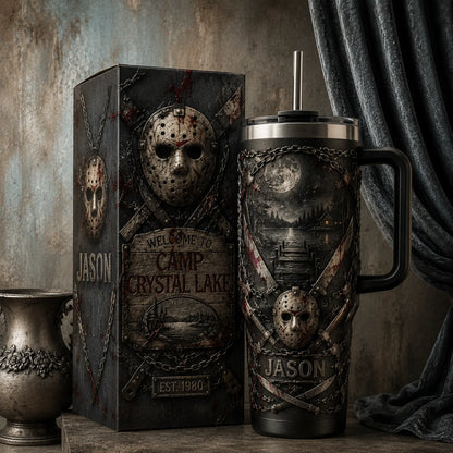 Jason Voorhees Friday the 13Th 40Oz 20Oz Tumbler, High-Quality Insulated Tumbler with Handle, Camp Crystal Lake Slasher Horror Cup, Classic Movie Killer Fan Gift, Leakproof Travel Tumbler