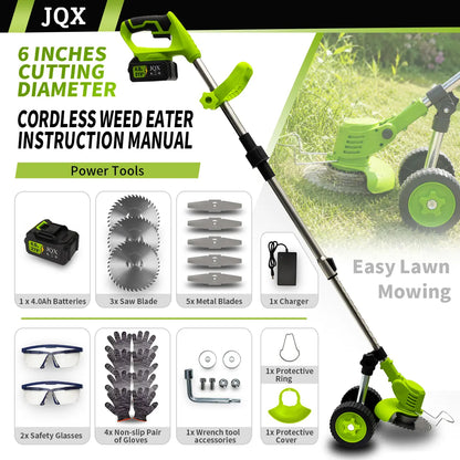 21V Cordless Weed Wacker with Wheels, 3-In-1 Electricstring Trimmer, Edger & Lawn Care Tool, Lightweight Lawnmower for Garden Maintenance, Adjustable Handle