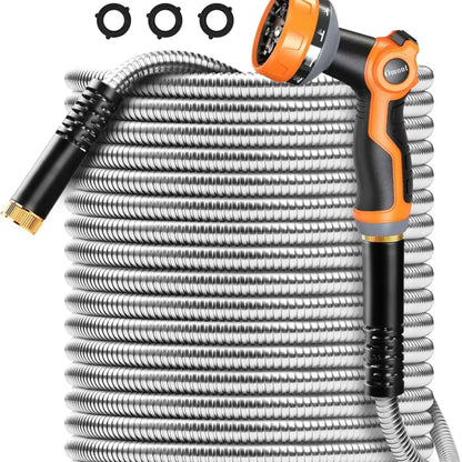 IRONFIX Smart Stainless Steel Garden Hose (50Ft/100Ft) - Heavy Duty Water Hose, 10-Functional Nozzles, Anti-Kink, Lightweight, Flexible, Leakproof Gaskets, Coiled, Stable Flow, Easy Storage & Use, All-Seasons Outdoor Lawn Watering Accessory