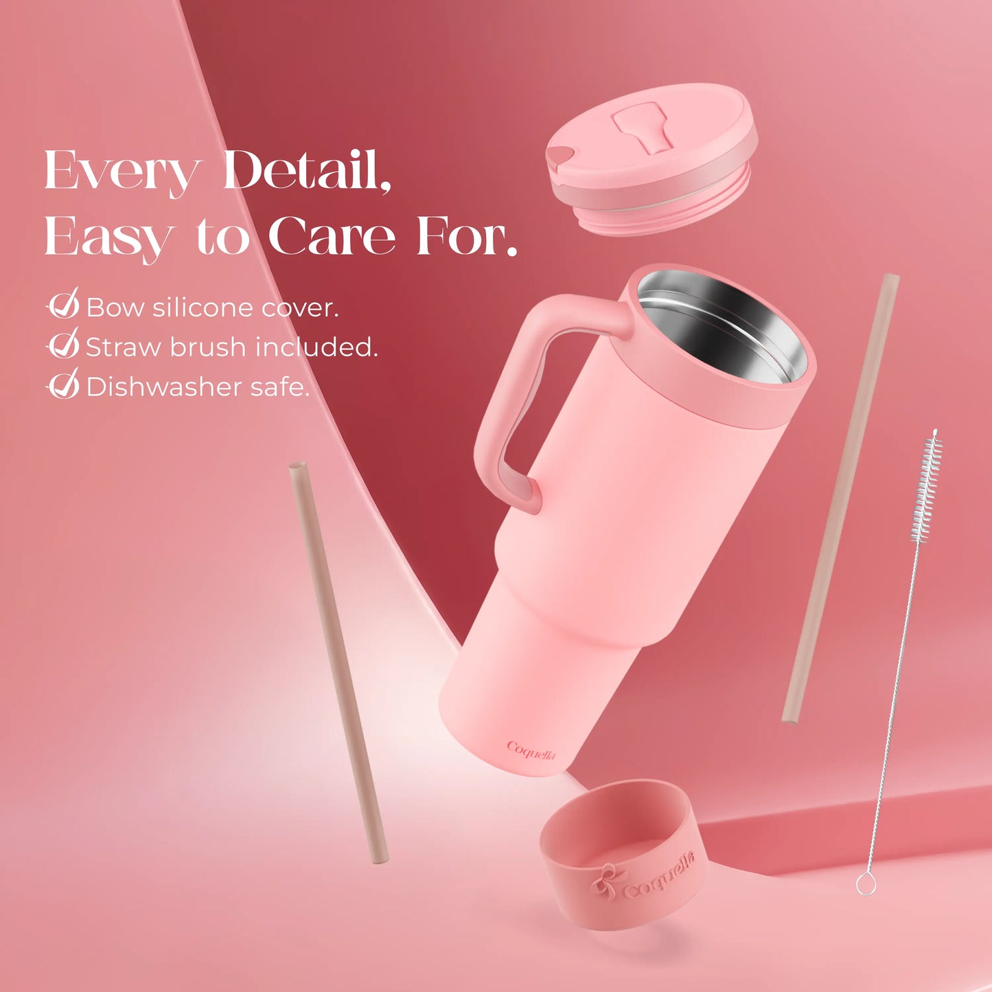 Coquella 40 Oz Insulated Tumbler with Handle and Push-Button Straw Lid, Stainless Steel Travel Cup for Gym Office, Leakproof, Bpa-Free, Cup Holder Friendly, Bow Silicone Boot, Pink (Rose Quartz)