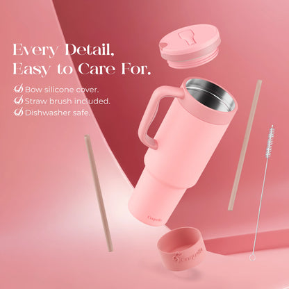 Coquella 40 Oz Insulated Tumbler with Handle and Push-Button Straw Lid, Stainless Steel Travel Cup for Gym Office, Leakproof, Bpa-Free, Cup Holder Friendly, Bow Silicone Boot, Pink (Rose Quartz)