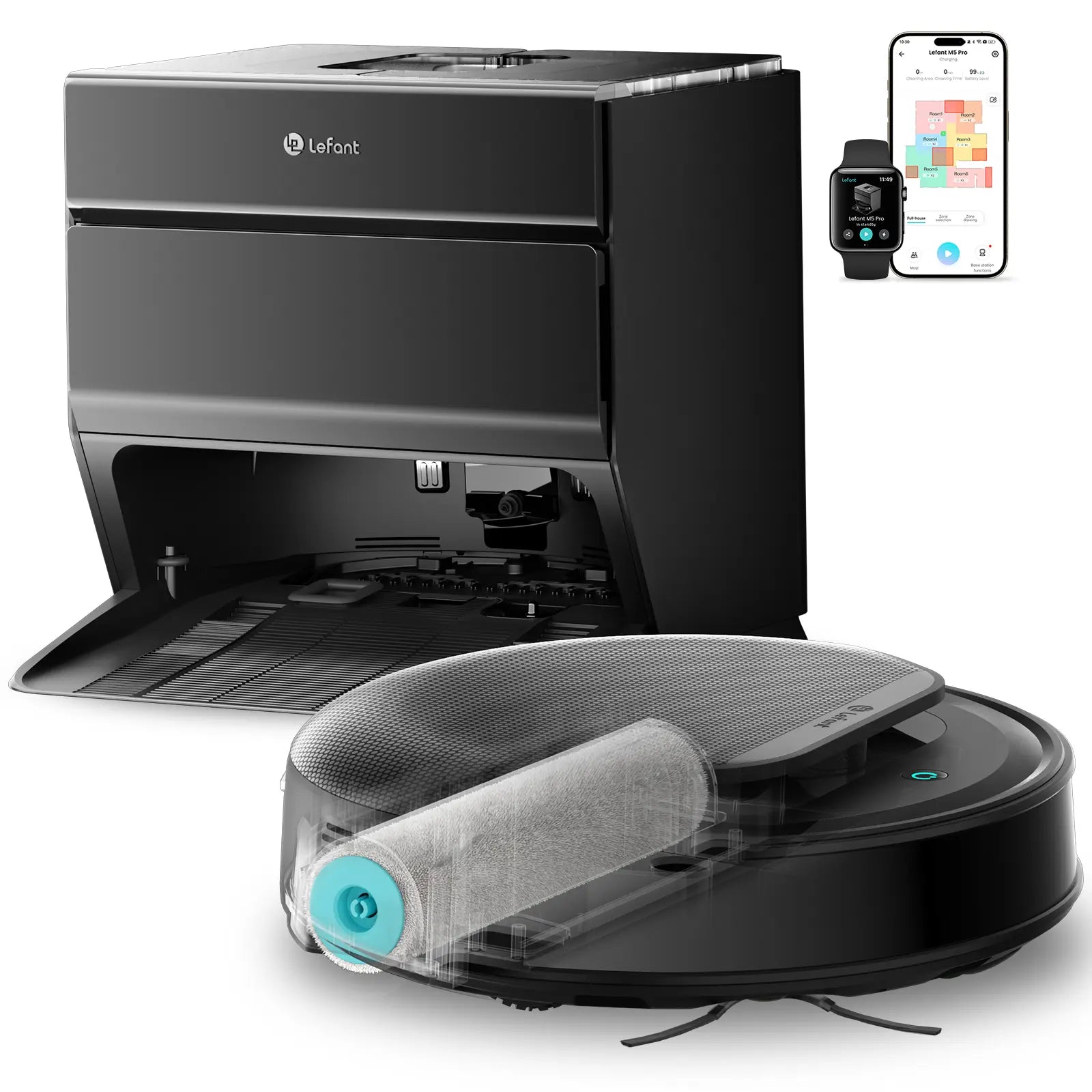 Lefant M5 Robot Vacuum and Mop with Self-Washing Roller Mop, 15,000Pa Suction, Self-Empty Dock, Lidar Navigation, 190° PSD Obstacle Avoidance, App Control, Ideal for Pet Hair & Hard Floors, Home Cleaning Tool, Cordless Vacuum Cleaner, Auto Emptying