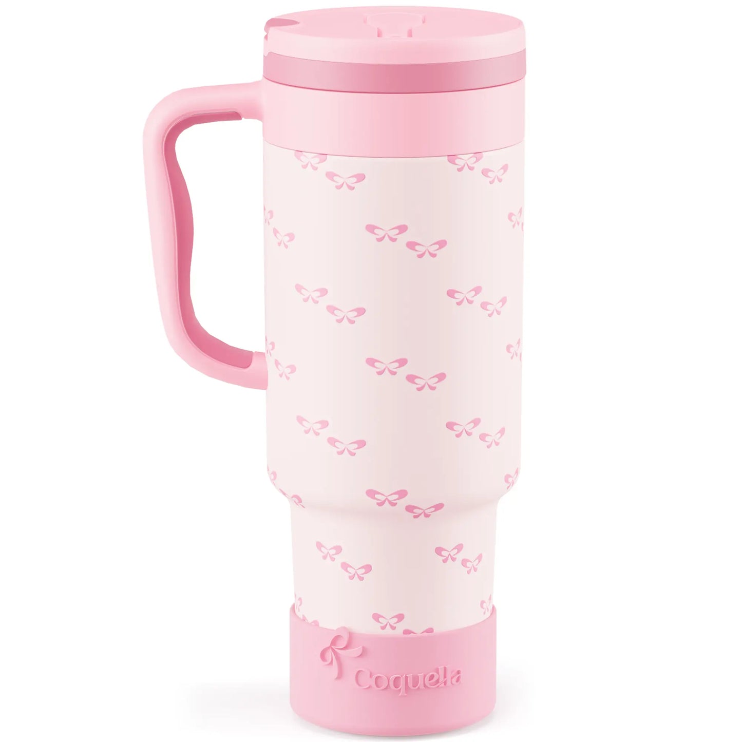 Coquella 40 Oz Insulated Tumbler with Handle and Push-Button Straw Lid, Stainless Steel Travel Cup for Gym Office, Leakproof, Bpa-Free, Cup Holder Friendly, Bow Silicone Boot, Pink (Rose Quartz)