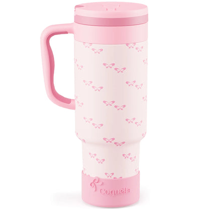 Coquella 40 Oz Insulated Tumbler with Handle and Push-Button Straw Lid, Stainless Steel Travel Cup for Gym Office, Leakproof, Bpa-Free, Cup Holder Friendly, Bow Silicone Boot, Pink (Rose Quartz)