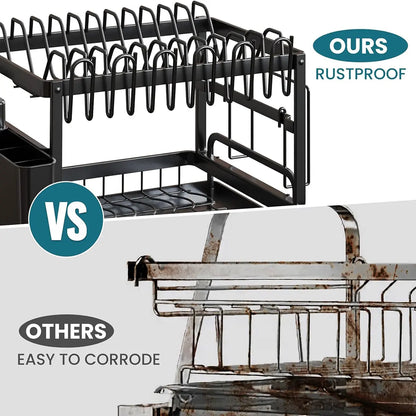 Dish Drying Rack, 2 Tier Large Dish Drying Rack for Kitchen Counter with Drainboard, Carbon Steel Dish Drainer with Anti-Rust Coating for Dish/Knifes/Cup/Cutting Board, Black