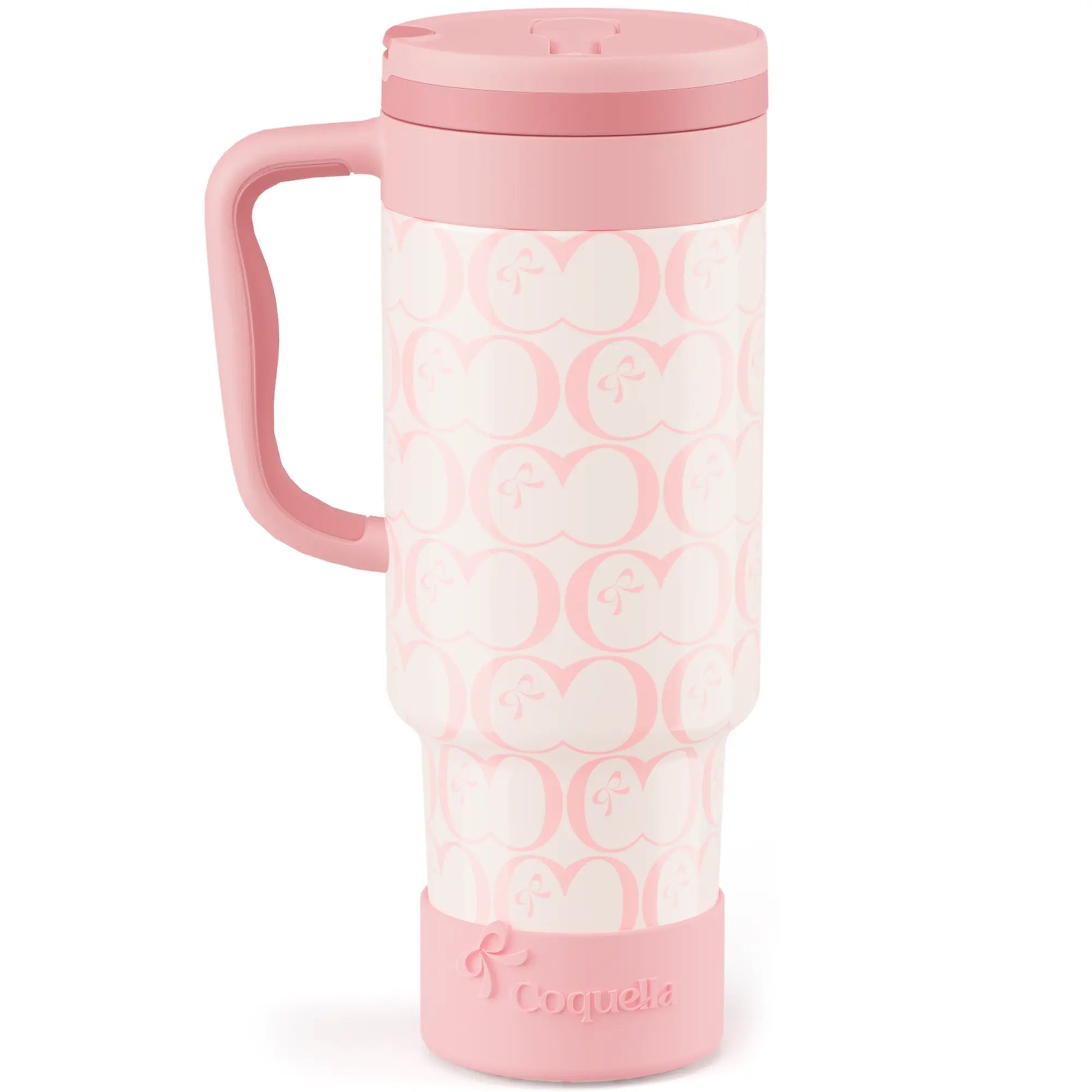 Coquella 40 Oz Insulated Tumbler with Handle and Push-Button Straw Lid, Stainless Steel Travel Cup for Gym Office, Leakproof, Bpa-Free, Cup Holder Friendly, Bow Silicone Boot, Pink (Rose Quartz)