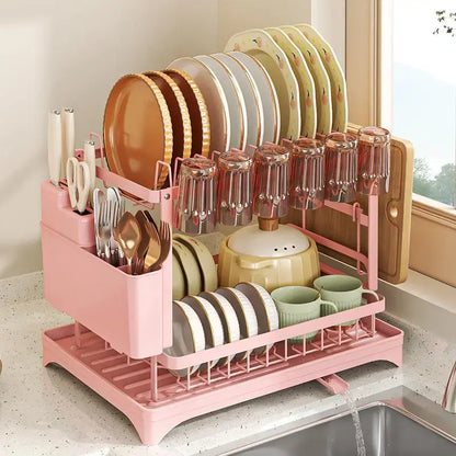Dish Drying Rack, 2 Tier Large Dish Drying Rack for Kitchen Counter with Drainboard, Carbon Steel Dish Drainer with Anti-Rust Coating for Dish/Knifes/Cup/Cutting Board, Black