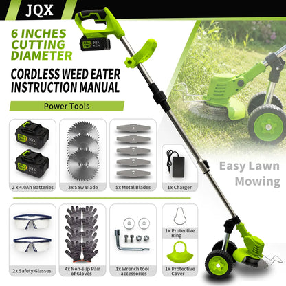 21V Cordless Weed Wacker with Wheels, 3-In-1 Electricstring Trimmer, Edger & Lawn Care Tool, Lightweight Lawnmower for Garden Maintenance, Adjustable Handle