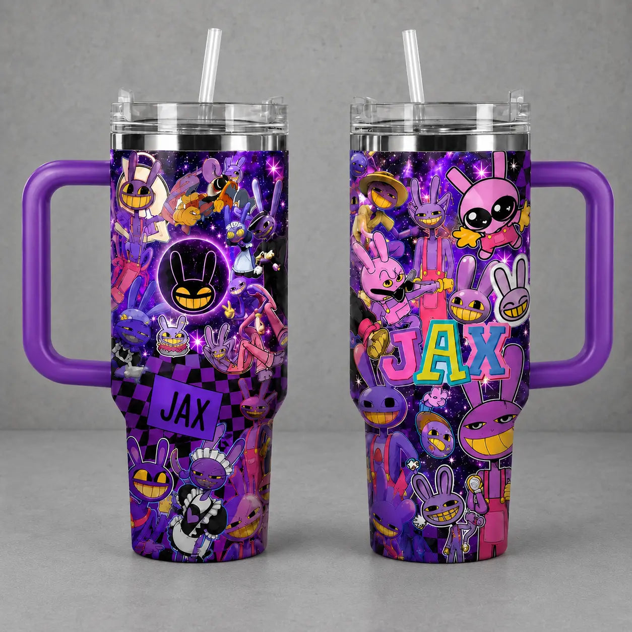 Jax the Amazing Digital Circus Tumbler 40/30/20Oz Insulated Cup with Handle, Purple Rabbit Colorful Cartoon Travel Mug Gift