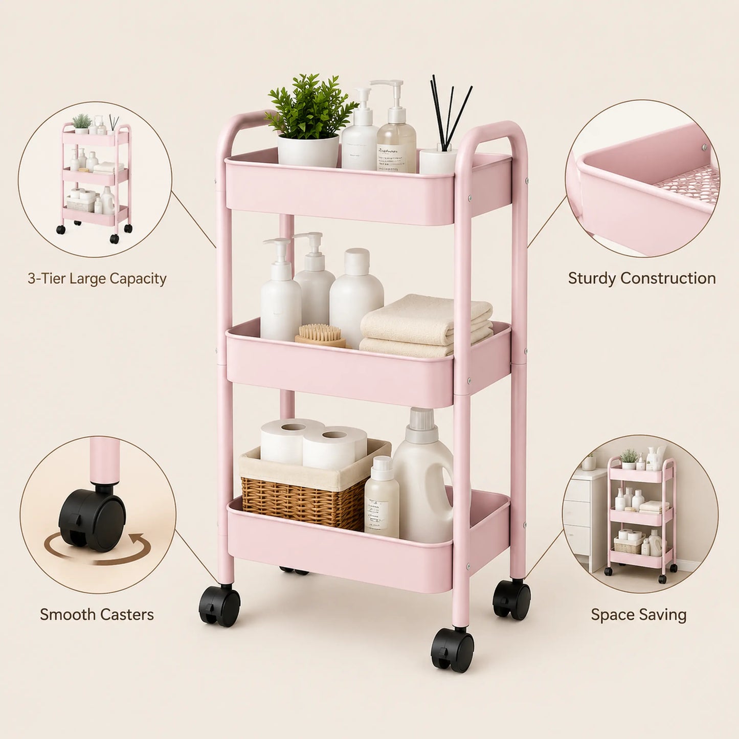 Rolling Utility Cart with Wheels & Side Hooks - 3 Tier Metal Storage Organizer for Small Spaces, Dorm Room, Bathroom & Kitchen, Mobile Trolley for Beauty Products, Towels & Snacks