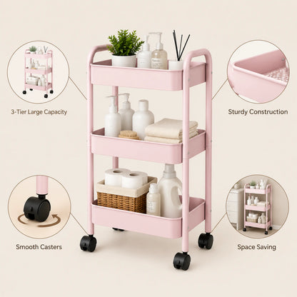 Rolling Utility Cart with Wheels & Side Hooks - 3 Tier Metal Storage Organizer for Small Spaces, Dorm Room, Bathroom & Kitchen, Mobile Trolley for Beauty Products, Towels & Snacks