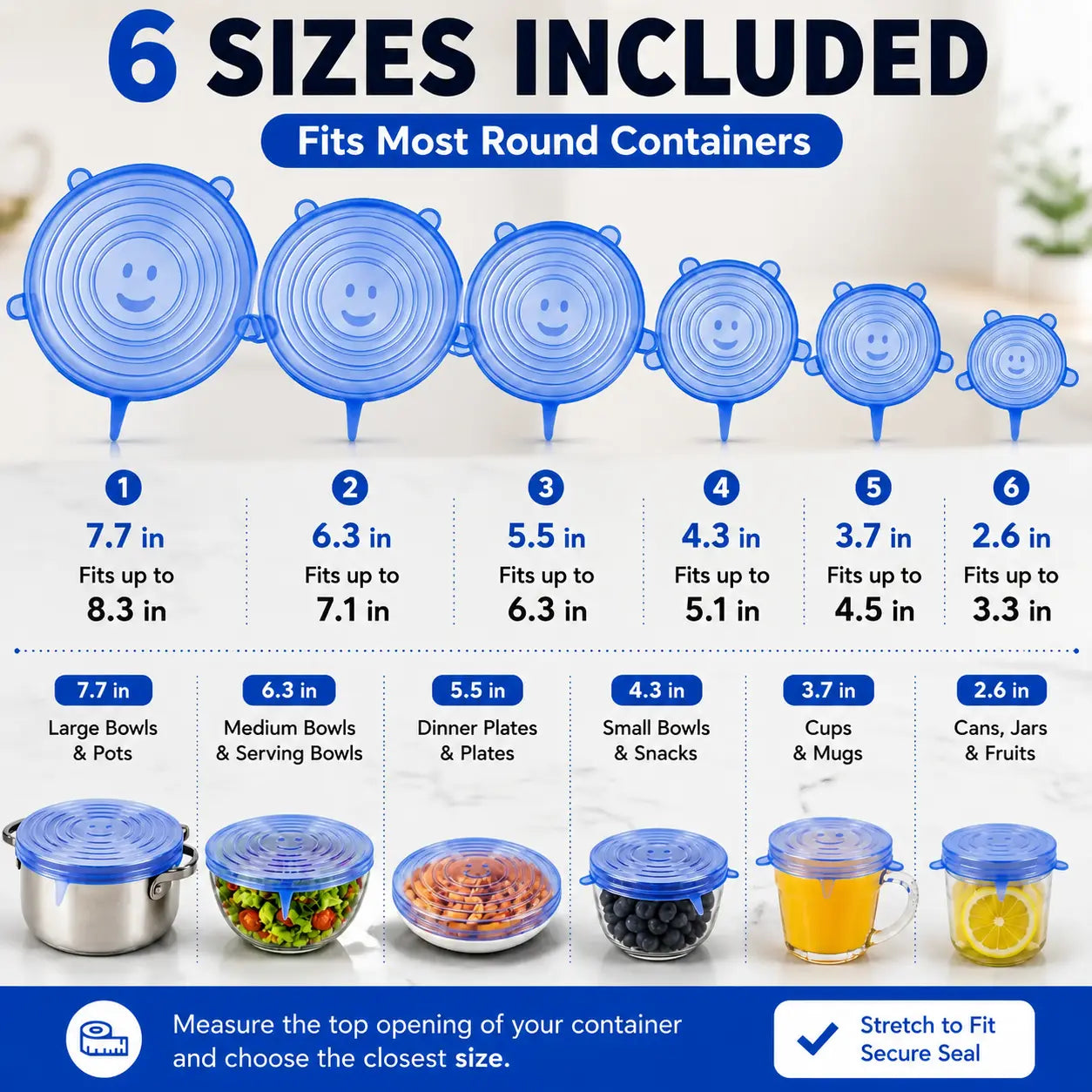 6-Pack Silicone Stretch Lids (2.6In, 3.7In, 4.3In, 5.5In, 6.3In, 7.7In) - Bpa-Free Food-Grade Reusable Covers for Bowls, Pots, Cups