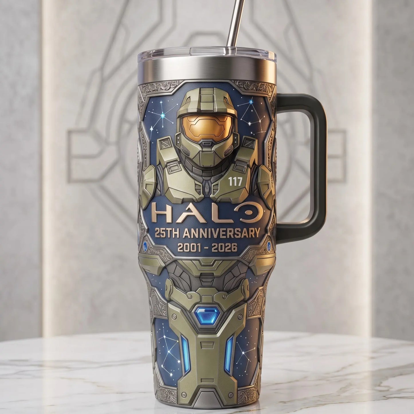 HAL0 25Th Anniversary Black Handle Tumbler 40Oz, Legends Never Die, HALO Merch Unique Cup