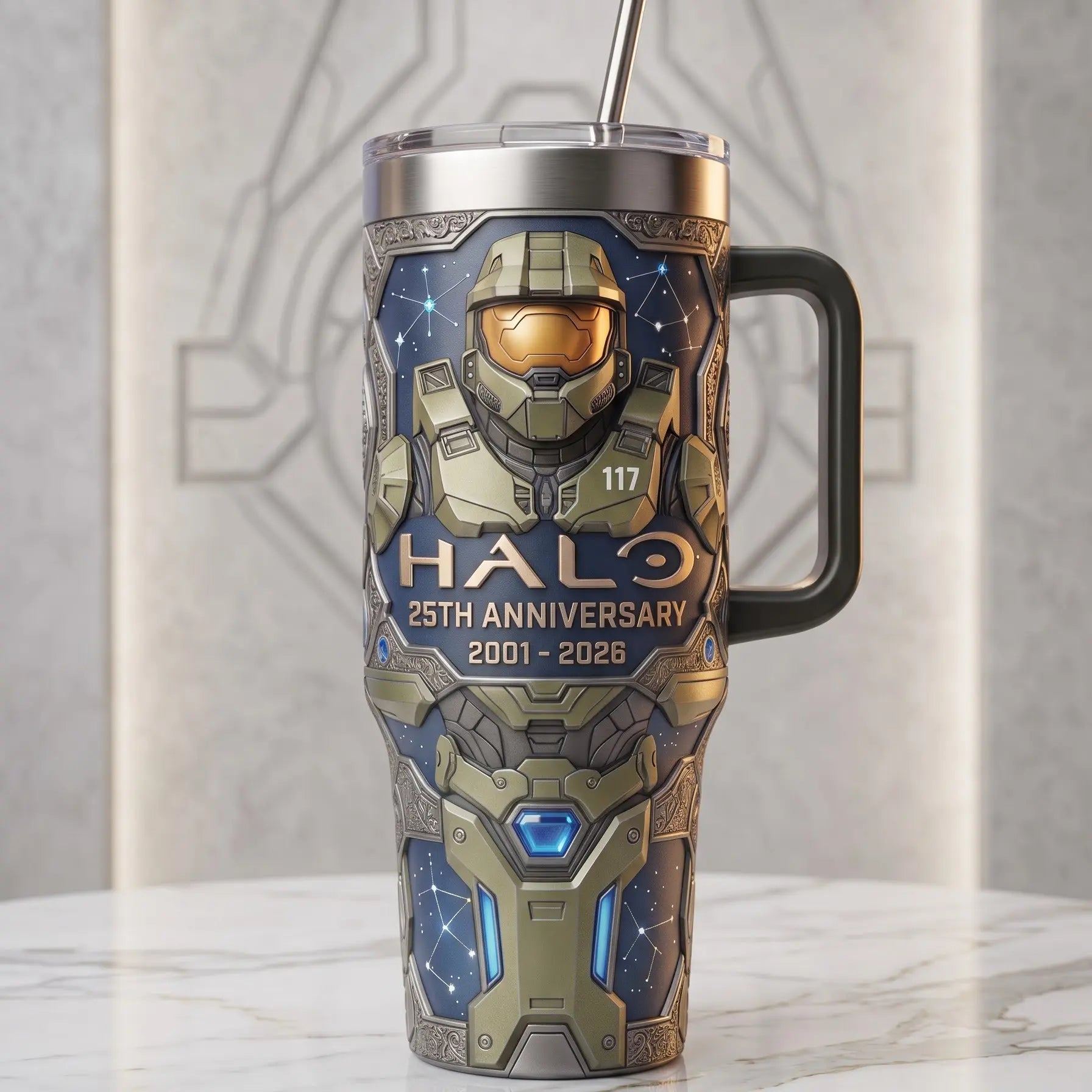 HAL0 25Th Anniversary Black Handle Tumbler 40Oz, Legends Never Die, HALO Merch Unique Cup