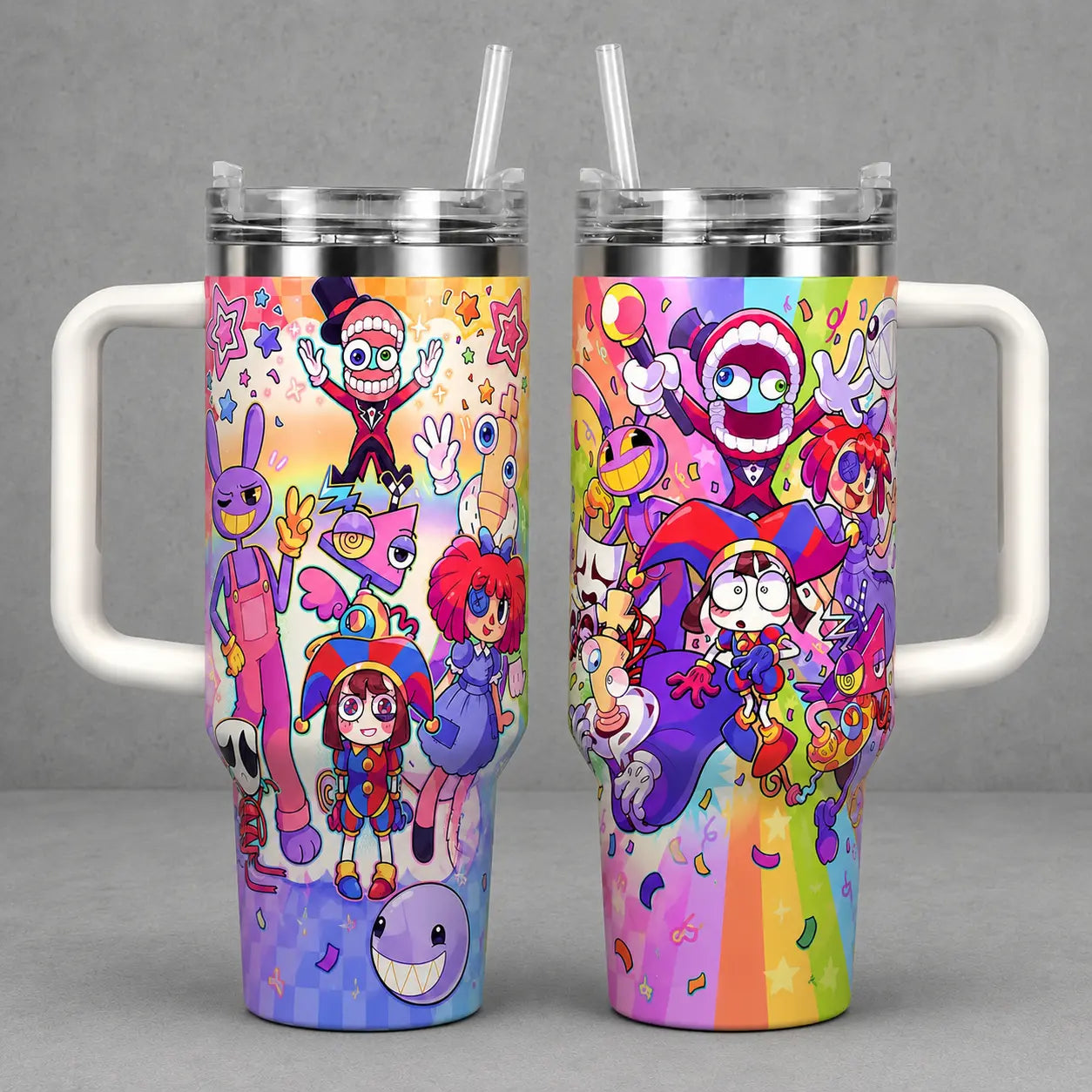 Jax the Amazing Digital Circus Tumbler 40/30/20Oz Insulated Cup with Handle, Purple Rabbit Colorful Cartoon Travel Mug Gift