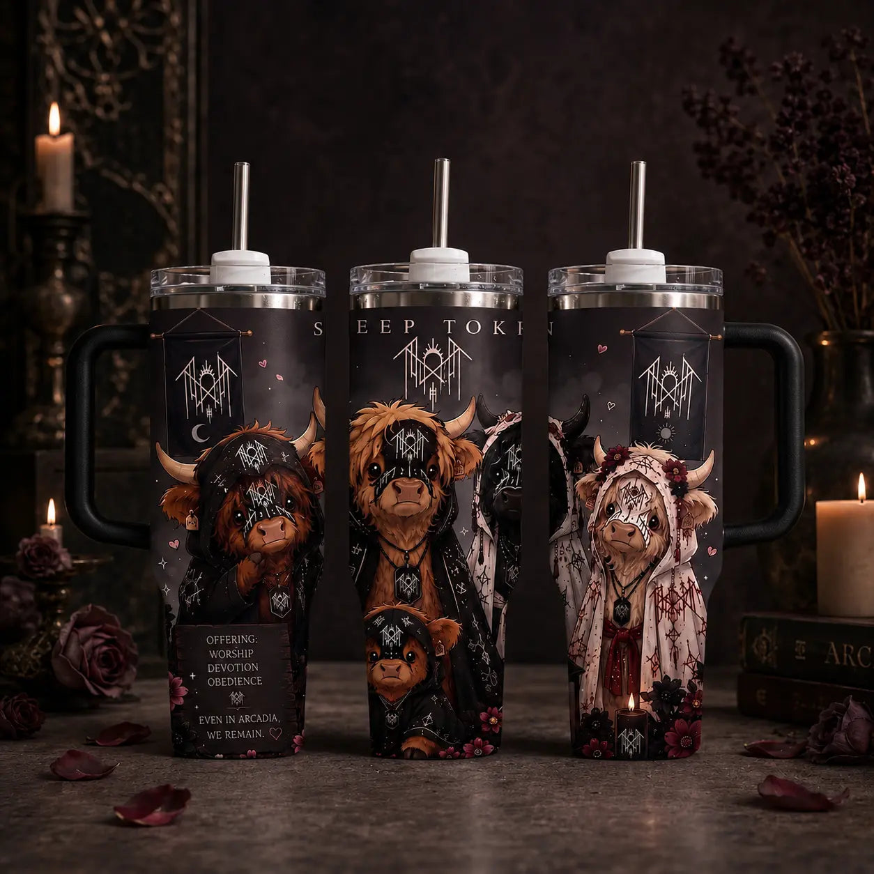 Sleep Token Highland Cow 40Oz 30Oz 20Oz Tumbler with Handle, Gothic Dark Floral Insulated Travel Cup with Straw, Gift for Fans