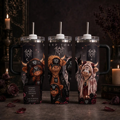 Sleep Token Highland Cow 40Oz 30Oz 20Oz Tumbler with Handle, Gothic Dark Floral Insulated Travel Cup with Straw, Gift for Fans