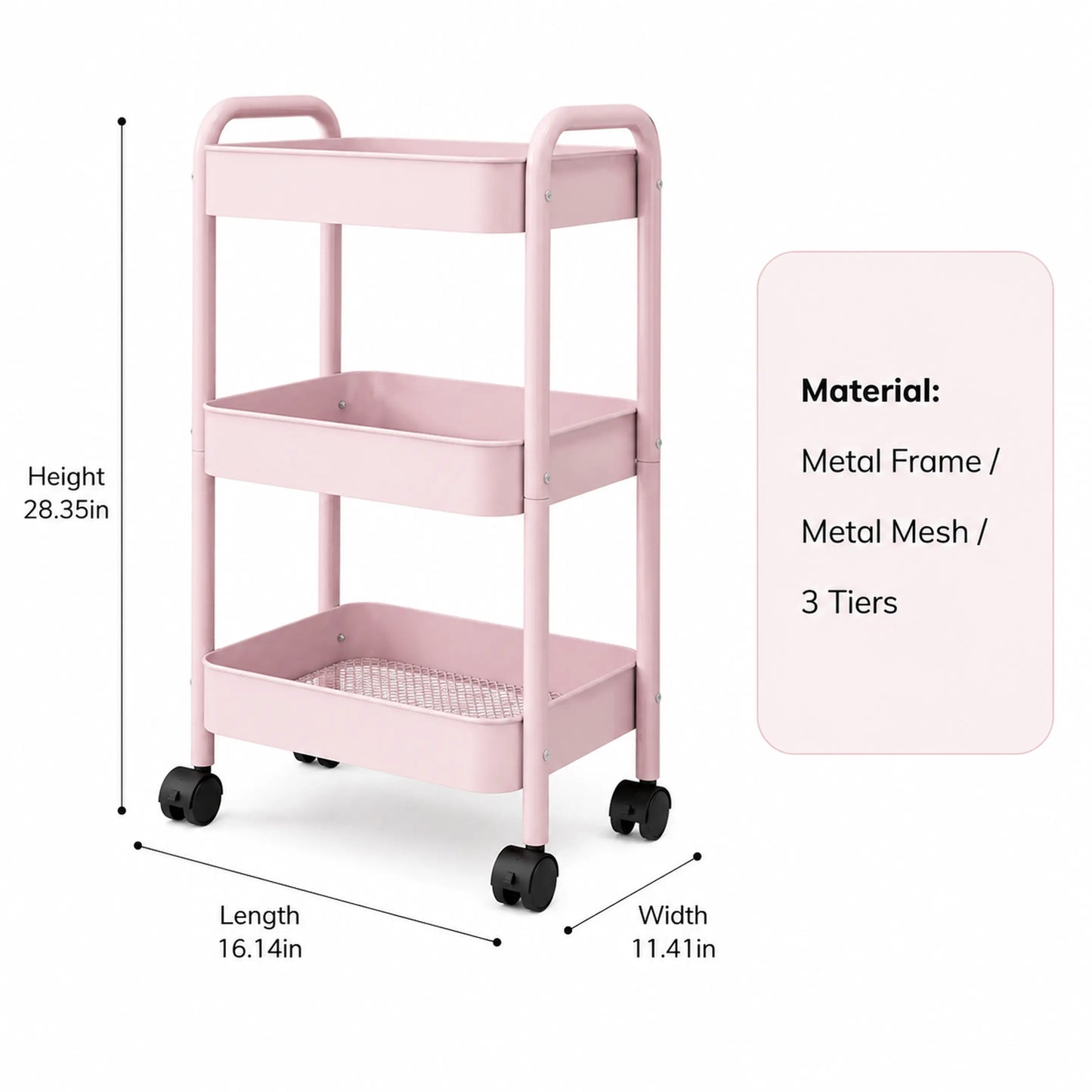Rolling Utility Cart with Wheels & Side Hooks - 3 Tier Metal Storage Organizer for Small Spaces, Dorm Room, Bathroom & Kitchen, Mobile Trolley for Beauty Products, Towels & Snacks