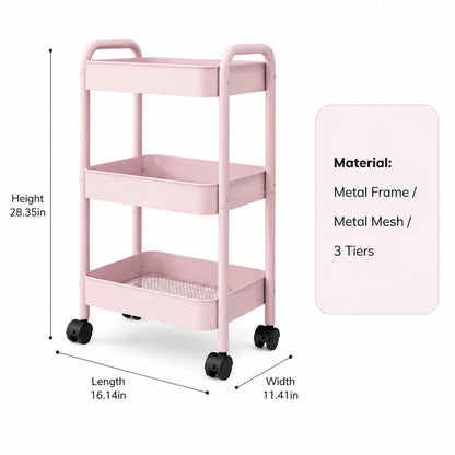 Rolling Utility Cart with Wheels & Side Hooks - 3 Tier Metal Storage Organizer for Small Spaces, Dorm Room, Bathroom & Kitchen, Mobile Trolley for Beauty Products, Towels & Snacks