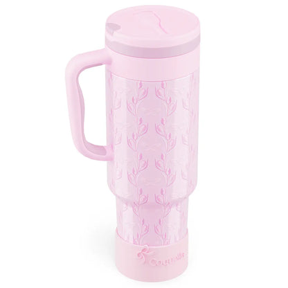 Coquella 40 Oz Insulated Tumbler with Handle and Push-Button Straw Lid, Stainless Steel Travel Cup for Gym Office, Leakproof, Bpa-Free, Cup Holder Friendly, Bow Silicone Boot, Pink (Rose Quartz)
