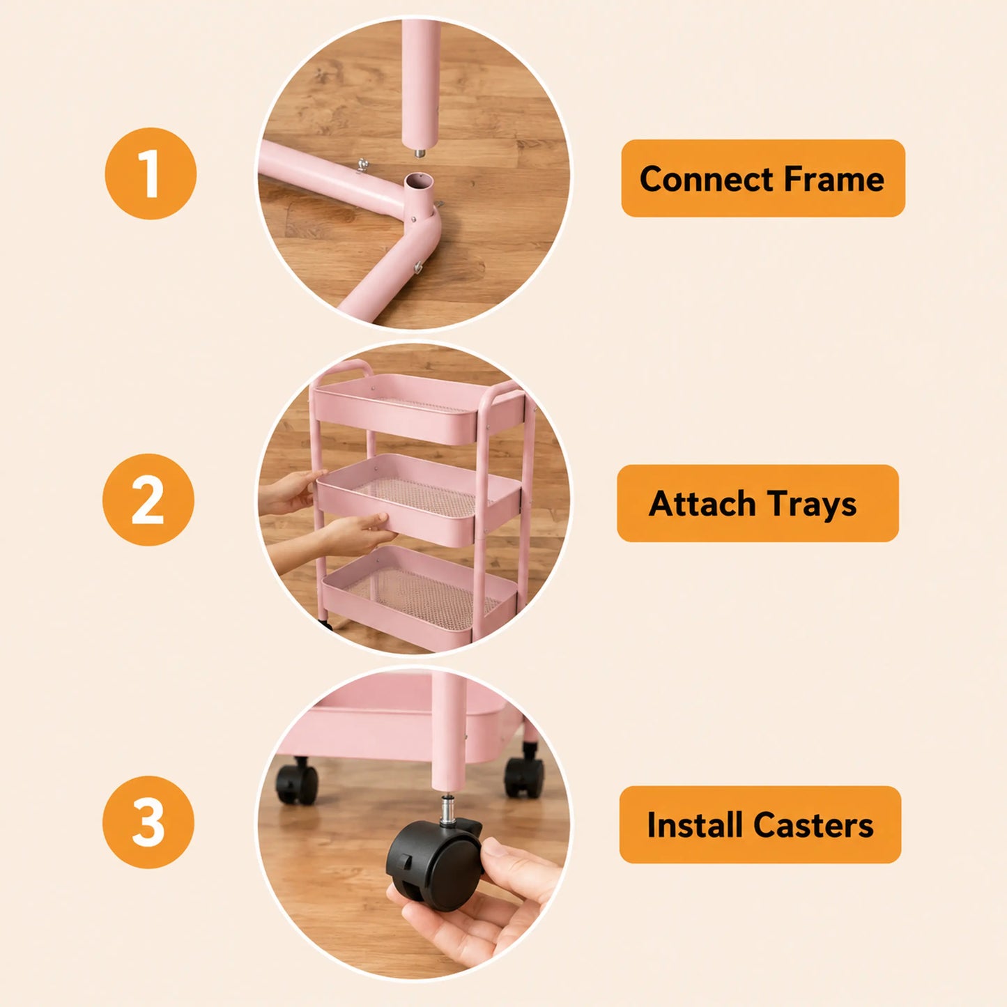 Rolling Utility Cart with Wheels & Side Hooks - 3 Tier Metal Storage Organizer for Small Spaces, Dorm Room, Bathroom & Kitchen, Mobile Trolley for Beauty Products, Towels & Snacks