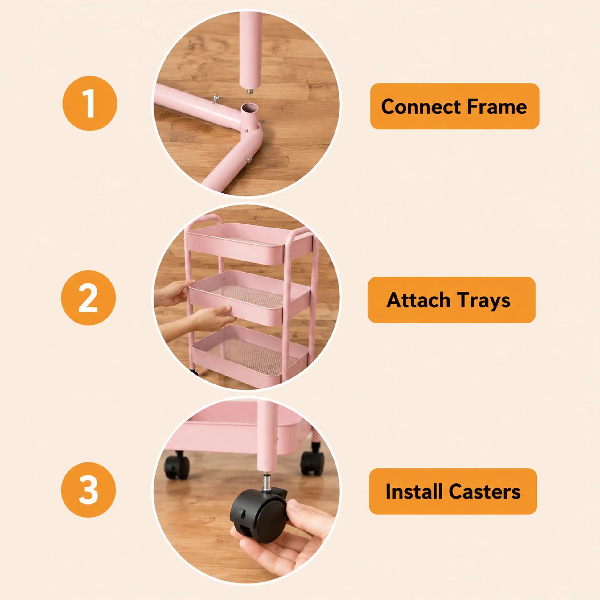 Rolling Utility Cart with Wheels & Side Hooks - 3 Tier Metal Storage Organizer for Small Spaces, Dorm Room, Bathroom & Kitchen, Mobile Trolley for Beauty Products, Towels & Snacks