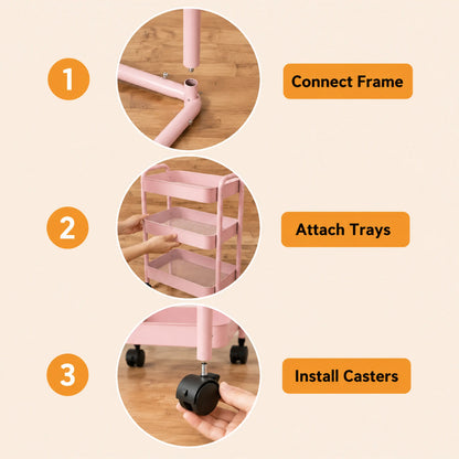 Rolling Utility Cart with Wheels & Side Hooks - 3 Tier Metal Storage Organizer for Small Spaces, Dorm Room, Bathroom & Kitchen, Mobile Trolley for Beauty Products, Towels & Snacks