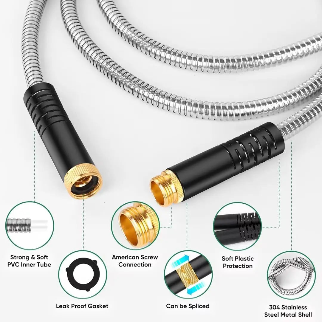 IRONFIX Smart Stainless Steel Garden Hose (50Ft/100Ft) - Heavy Duty Water Hose, 10-Functional Nozzles, Anti-Kink, Lightweight, Flexible, Leakproof Gaskets, Coiled, Stable Flow, Easy Storage & Use, All-Seasons Outdoor Lawn Watering Accessory