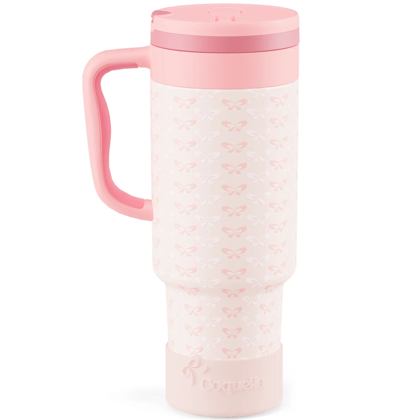 Coquella 40 Oz Insulated Tumbler with Handle and Push-Button Straw Lid, Stainless Steel Travel Cup for Gym Office, Leakproof, Bpa-Free, Cup Holder Friendly, Bow Silicone Boot, Pink (Rose Quartz)
