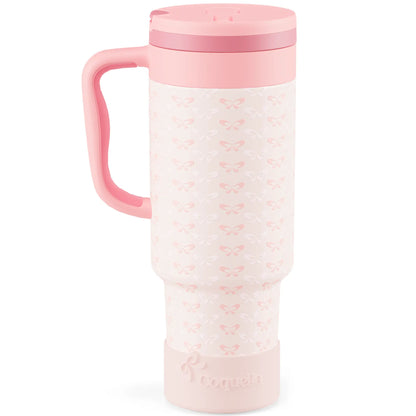 Coquella 40 Oz Insulated Tumbler with Handle and Push-Button Straw Lid, Stainless Steel Travel Cup for Gym Office, Leakproof, Bpa-Free, Cup Holder Friendly, Bow Silicone Boot, Pink (Rose Quartz)