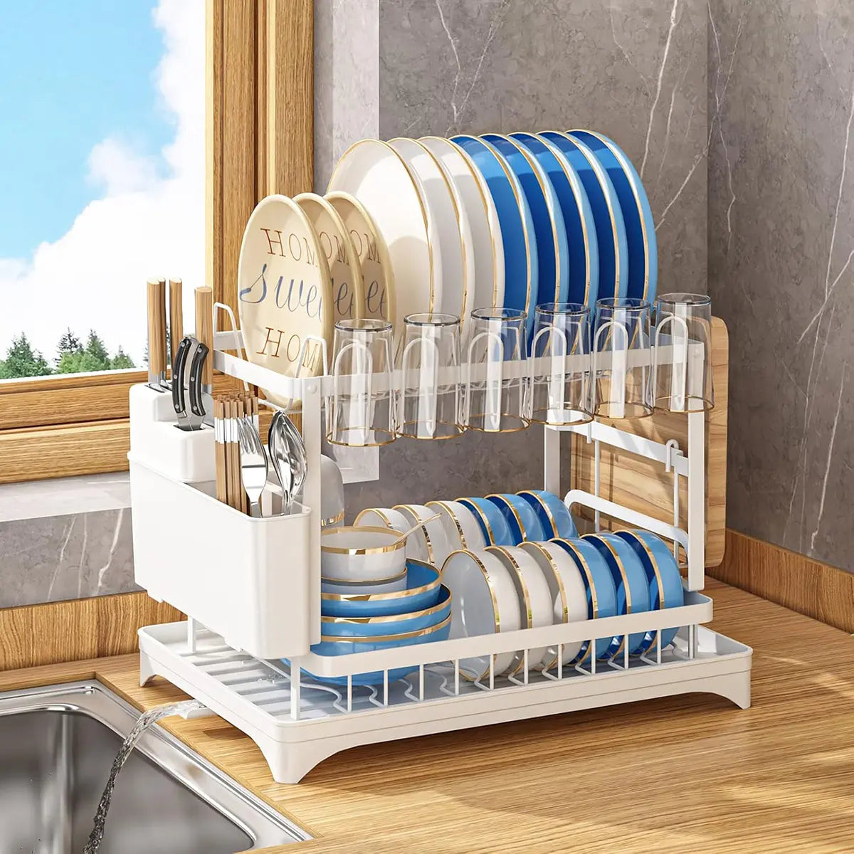 Dish Drying Rack, 2 Tier Large Dish Drying Rack for Kitchen Counter with Drainboard, Carbon Steel Dish Drainer with Anti-Rust Coating for Dish/Knifes/Cup/Cutting Board, Black