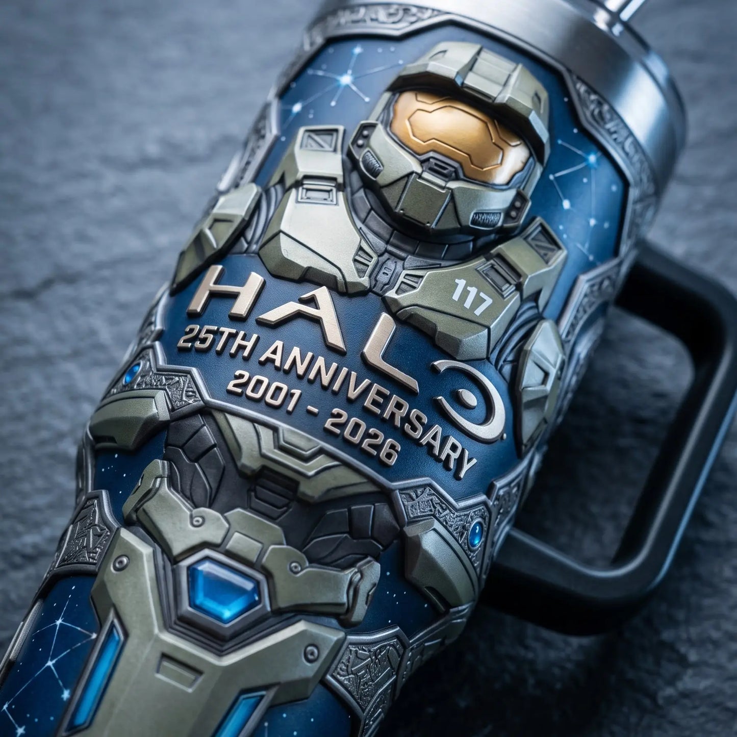 HAL0 25Th Anniversary Black Handle Tumbler 40Oz, Legends Never Die, HALO Merch Unique Cup